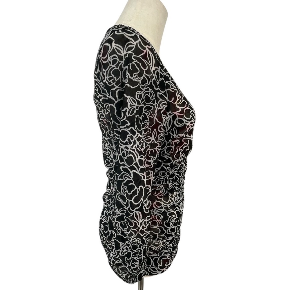 WHBM Black Floral Ruched V Neck 3/4 Sleeve Top Women's Fashion Blouse Reversible - Picture 9 of 11